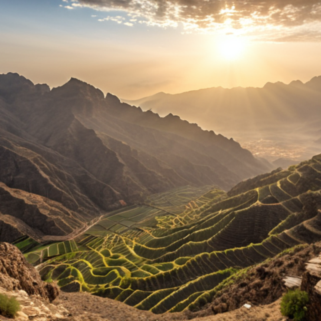 Sunrise over a sea of clouds in Jabal Akhdar, Oman. Terraced farms visible on the mountainside, with the sun breaking through the clouds.