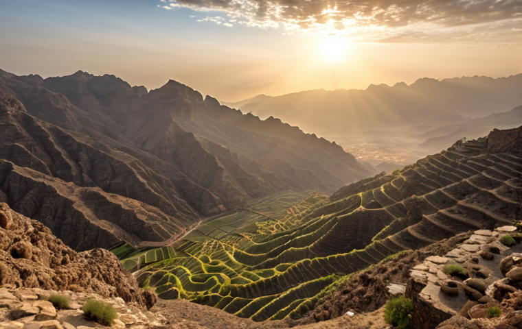 Sunrise over a sea of clouds in Jabal Akhdar, Oman. Terraced farms visible on the mountainside, with the sun breaking through the clouds.